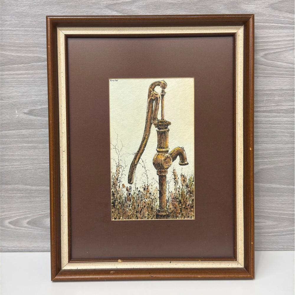 Vintage Kuschel Signed Water Pump Painting Framed Rustic Farmhouse Decor Art